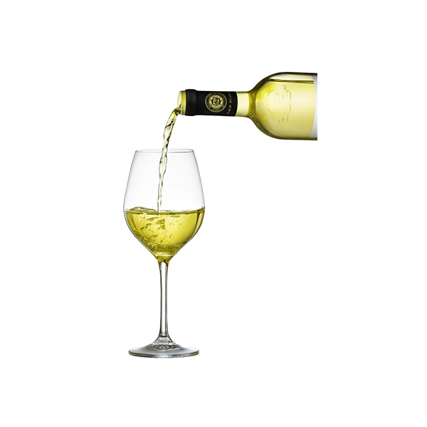 Verre de vin blanc moelleux avec une couleur jaune pâle, prêt à être dégusté.