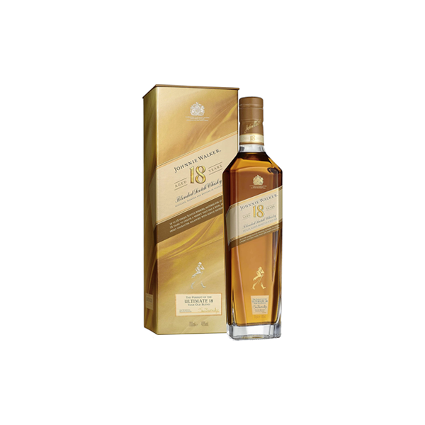 Gros plan sur l'étiquette Johnnie Walker 18 ans, soulignant le vieillissement et la mention 'Blended Scotch Whisky