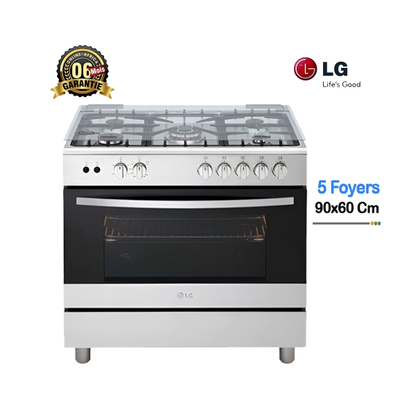 Cuisinière à gaz LG 5 foyers, inox, vue de face.