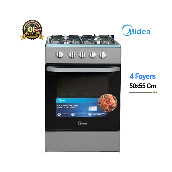 Cuisinière à gaz Midea 4 foyers MD508, inox, vue de face.