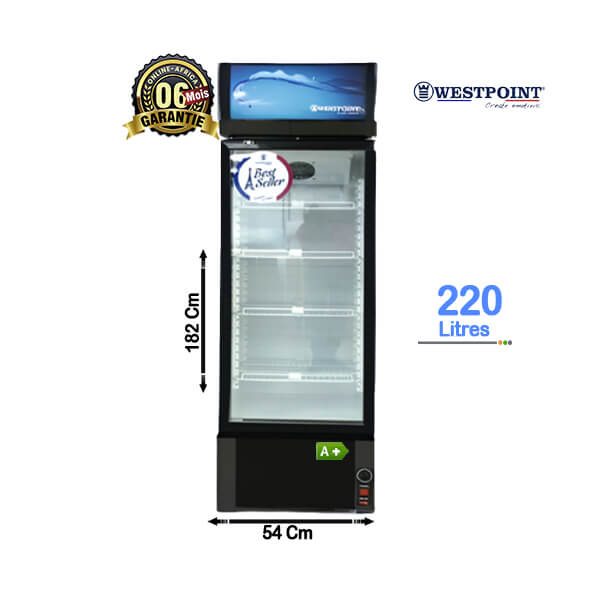 Réfrigérateur vitrine Westpoint 220L - Vue de face, produits exposés