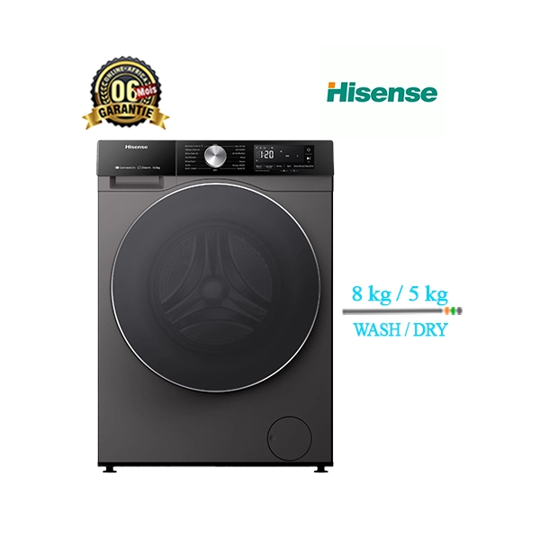 Machine à laver séchante Hisense 8KG/5KG, vue de face, porte ouverte.