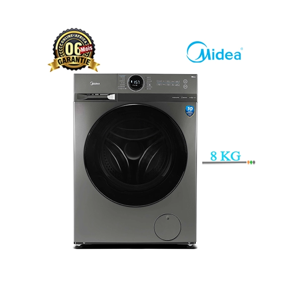 Machine à laver MIDEA 8Kg automatique en gros plan, tambour ouvert.