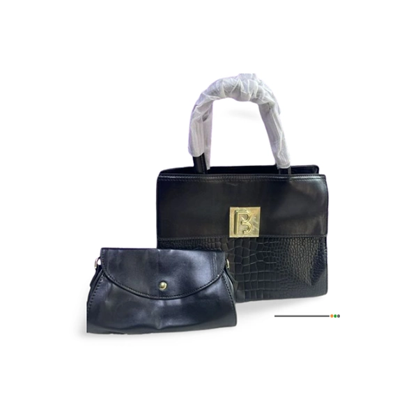 Sac à main femme noir élégant avec fermoir doré en forme de 'B' et motif crocodile texturé sur la partie inférieure avec sa pochette